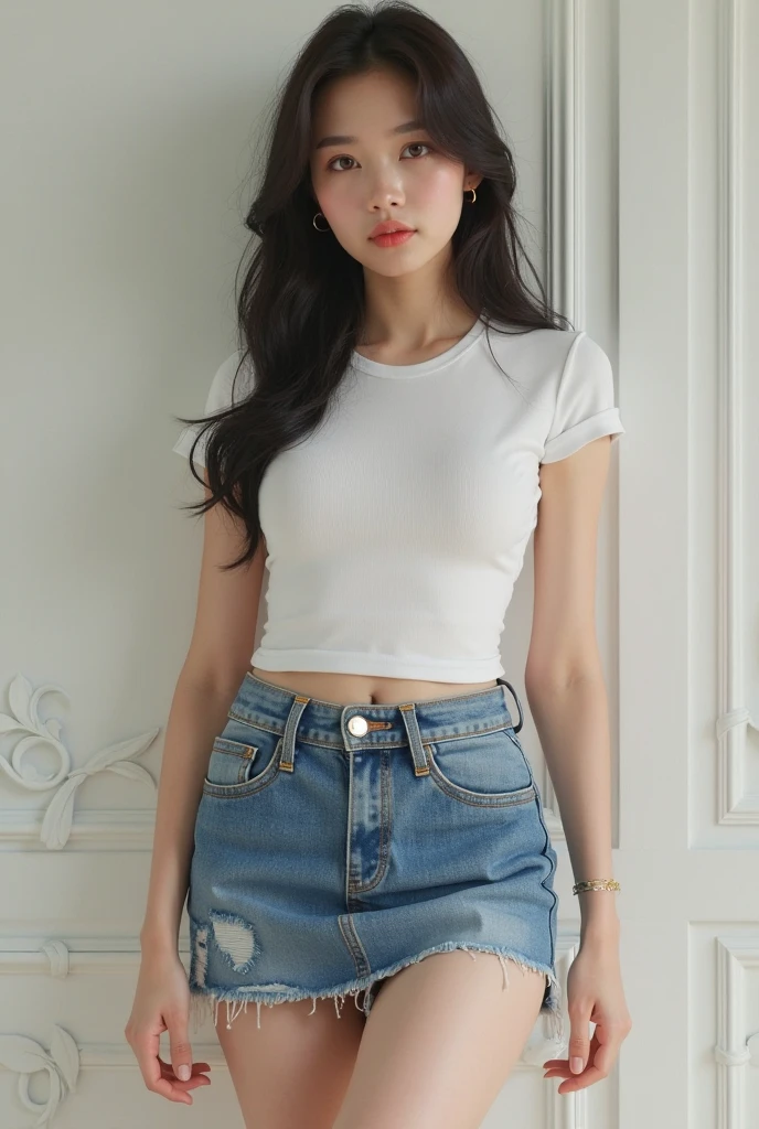 Best quality, full body portrait, delicate face, 18 year old girl, slim figure, small bust, white crop top T-shirt, waist pink denim skirt, gymnasium scene, standing tall