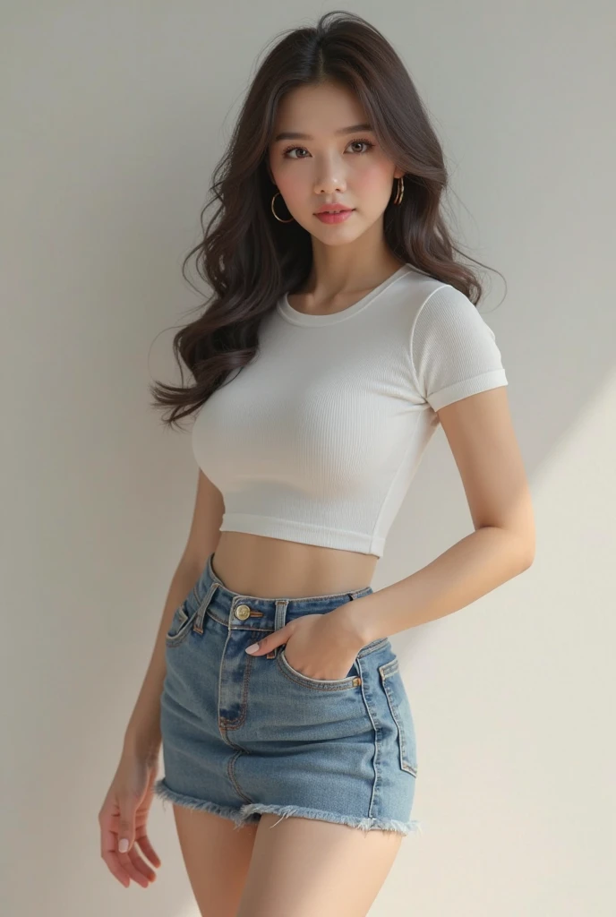 (hyuga Hinata, very sensual, with tight clothes, Wearing tight jeans, wearing a mini blouse, umbigo com pirsing, stright hair, Speaker behind, very realistic, 8K, 8K extremamente detalhado), (an extremely delicate and beautiful), (Masterpiece artwork), (best qualityer: 1.0), (ultra highres:1.0)