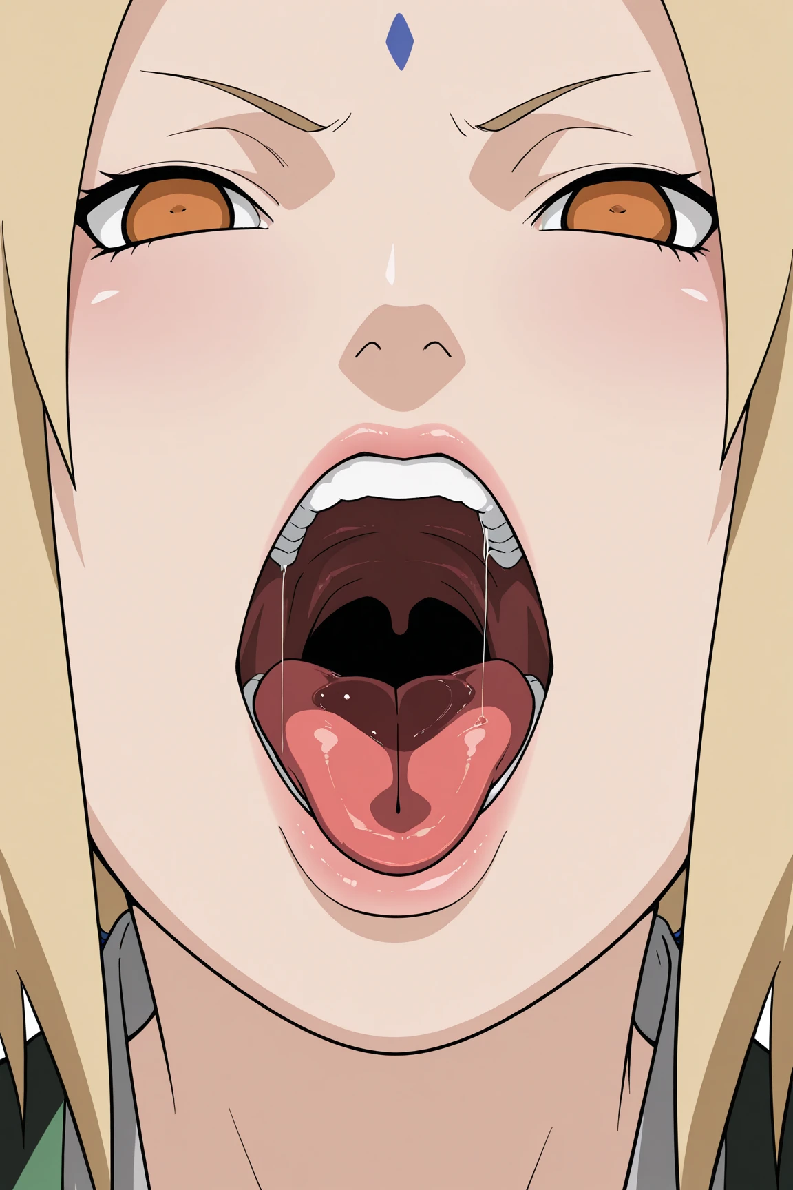 one eye covered, sharp teeth,eye covered by hair, Evang Evang Evang Evang Evang Evang Evang Evang Evang masterpiece, best quality, solo, kanna(blue archive), blonde long hair, animal ears, blue eye, collared shirt, , face portrait, (tears:1.1), frown, white simple background, pov, looking at viewer, , blush, open mouth, big mouth, tongue, tongue out, close up, saliva, uvula, uvula, room, mouth focus, excessive saliva, giantess, selfie, huge mouth, nude, indoors, large tongue, long tongue