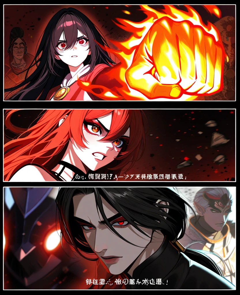 Create an anime fight scene, a black-haired wizard, a magician with sexy clothes and long red hair , messy, are struggling