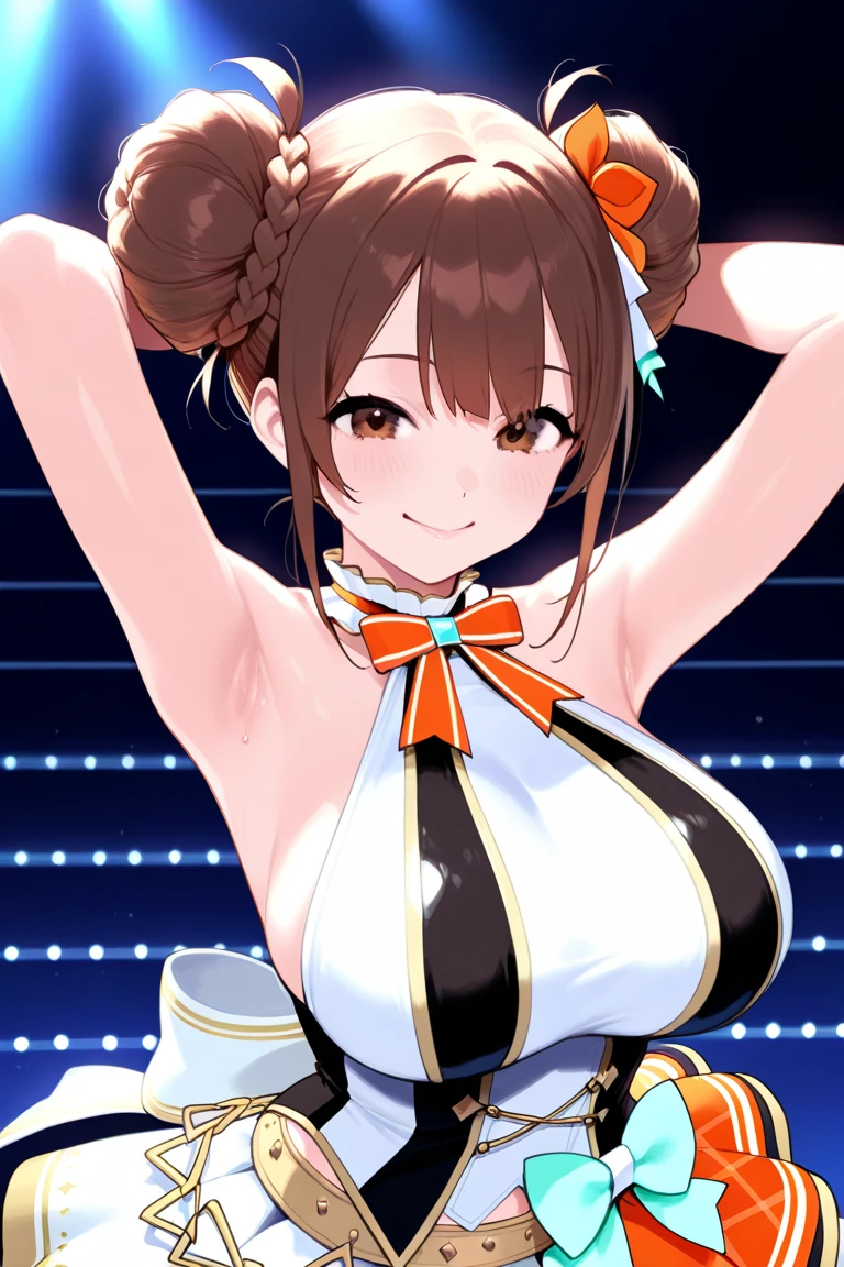 1 woman, alone, 8K, masterpiece,, Masterpiece, 8ก, (big breasts:1.5), Cute face, smile a little , look at the audience., (nipple:1.6), (hairy:1.8), blue panties, Show some shirts.. ,