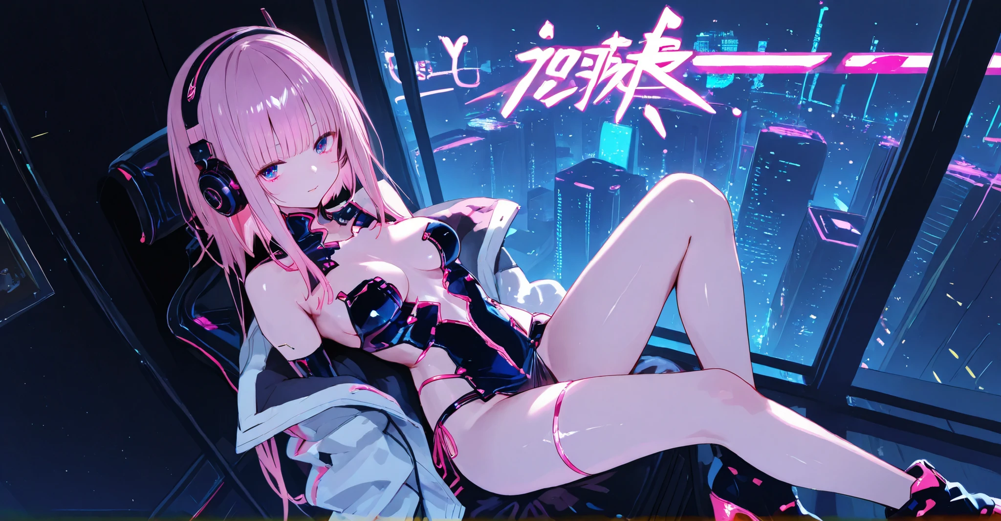 Anime Kawaii sexy Perfect Slim sensual body large breast and huge thighs, An intricate and highly detailed illustration of anime (Young girl)  NSFW,Big perfect breasts ((Space Punk Girl)),(((1 girl))),((beautiful Girl)), ((Saggy breasts)), ((Gray Hair, Dirty black hair, Inner hair color)), Long Hair , Amazingly long and voluminous hair, ((intricately cut hair)), (((Neon pink eyes: 1.4))), beautiful detailed eyes, Very sexy body, ((((Short sweatshirt, Short sweatshirt, Complex sweatshirts)) )) Flowing Cyberpunk Skirt, Revealing clothing, Show some skin, ((((Well good)))),((Cleavage))(((Cyberpunk Clothing, Complex clothing, Complex clothing))) (((Light Skin: 1, 5, Sunburned skin, Glowing Skin) )), ((Firm Abdomen)), Wide Hips, Moving objects, Sexy Legs, Detailed body, ((Detailed face)), (Graffiti on clothes), (Half naked, dress up a little, barefoot) ((Sexy pose)), alone, Embarrassing, High resolution, Sharp focus, (Very detailedな, Very detailed), (Perfect art) (Very detailed), (((Bright colors))), (Background Complex), (Tabletop), (Highest quality), Synthwave Neon Colors, (((beautiful, Conclusion, attractive, erotic))), (((Browsing Caution))), Cyberpunk seaside town at night, Puddle with bright and dark storm clouds and neon sign, scenery: 1 , 30,