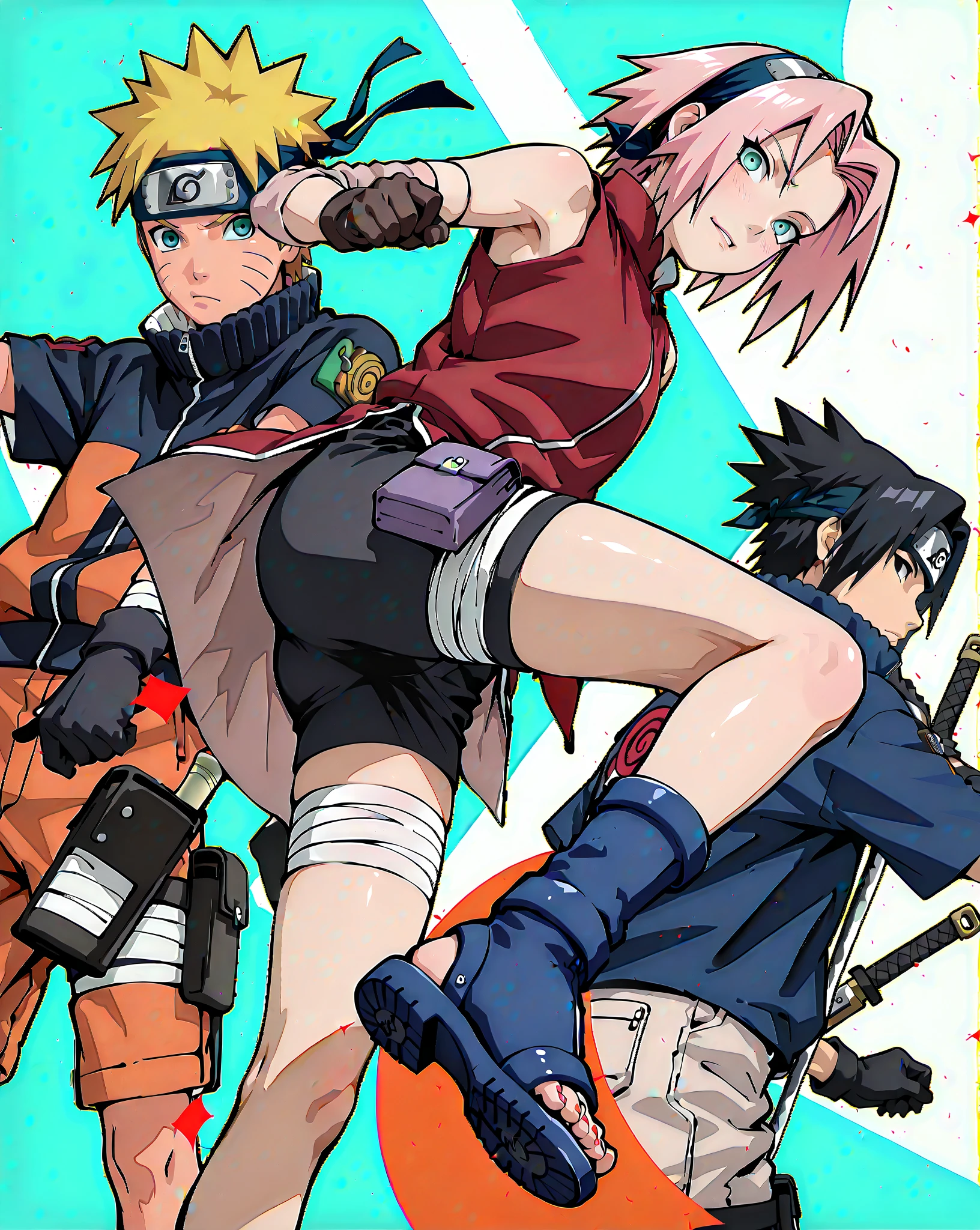 masterpiece, best quality, insanely detailed、(((3人)))、(((3人組のみ)))、(((3人組)))、3人組(Uchiha Sasuke:Naruto Uzumaki:Sakura Haruno)、(Uchiha Sasuke:black eyes, black hair, short hair, spiked hair, parted bangs, forehead protector, high collar, blue shirt, short sleeves, detached sleeves, white shorts, blue footwear, legs bandages, toeless footwear)、(Naruto Uzumaki:cute anime boy, kawaii anime boy, naruto uzumaki, male focus, ager, short hair, blonde hair, blue eyes, facial mark, whisker markings, cute face、orange and black jumpsuit, weapons pouch on left leg, black sandals)、(Sakura Haruno:haruno sakura, pink hair, short, hair, green eyes, forehead protector、sleeveless,forehead protector,hairband, black_gloves, bare_shoulders, red_shirt, konohagakure symbol,short hair、black shorts)、静かな湖、静かな森林、夜明け、遠景、dynamic pose、action pose、dynamic angle、tilted angle、side view、low-angle shot, 30 degrees, detailed、wide-angle shot, distant shot,