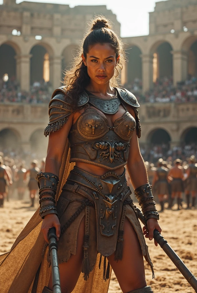 the powerful narrative of Dihya, the enigmatic Berber warrior-queen, women, princes, rebellion, detailed armor, old engraved leather Cuirass, intricate designs on the Cuirass, intricate Cuirass engravings, imposing and powerful stance, fierce expression, red wild mane braided hair and beard, dynamic pose, intense battle scene, fantasy setting, vibrant colors, dramatic lighting, epic atmosphere, mythical creatures in the background, sword and viking shield, attention to anatomy and facial features, iconic use of highlights and shadows, capturing emotion, masterful composition