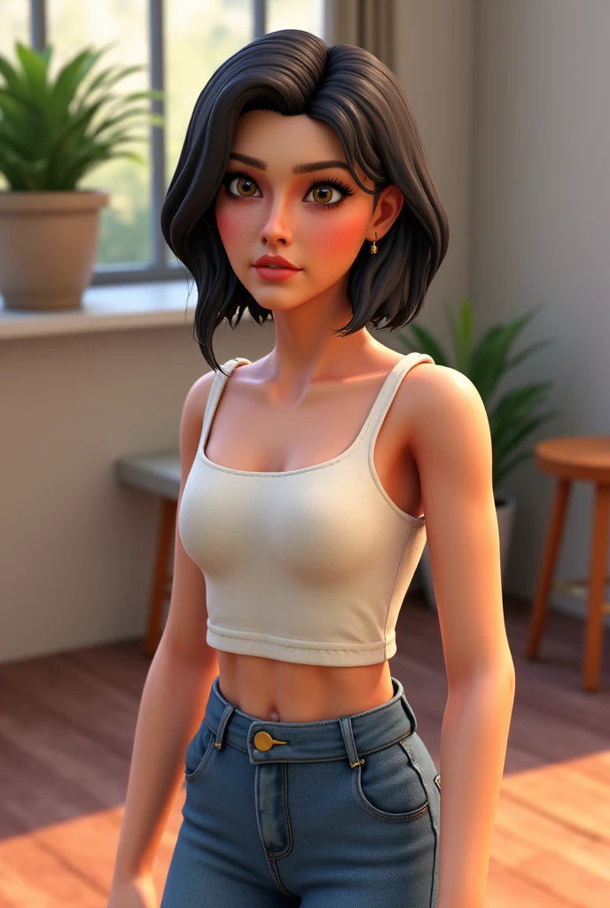 44-year-old woman dark hair with white hair round face and delicate round nose honey brown eyes thick lips freckles small gold earring and gold necklace a little overweight body with curves bright and smiling face slightly large front teeth striking eyebrow very short hair and wavy asymmetrical fringe to the left side black tank top and jeans modern environment colorful decoration designer and artist