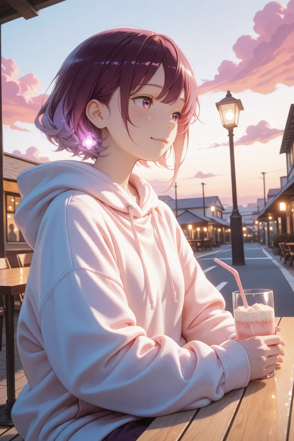 1girl, short hair, (tousled hair:1.1), soft hair, purple hair tint, pink hair light, warm colored lighting, sitting, hoodie, (oversized hoodie:1.2), cozy outfit, casual, relaxed pose, solo, holding straw, soft expression, calm, slightly smiling, sunset glow on face, reflecting sunset in hair, BREAK, outdoor cafe, evening, warm lighting, pastel sky, (pink and purple clouds:1.2), orange glow, dreamy atmosphere, soft focus background, blurred trees, bokeh lights, street lamps, distant buildings, glowing horizon, empty glass, straw, tabletop scene, nostalgic ambiance, BREAK, eye level, cinematic angle, medium shot, BREAK,(semi-realistic:1.2), soft shading, warm lighting, subtle gradients, (lofi aesthetic:1.3), (kawaii style:1.2), depth of field, dreamy lighting, photoreal light diffusion, warm palette, chromatic softness, nostalgic lighting, gentle contrast, HDR feel, illustration-like rendering, best quality, high detail, UHD, 4k, ultra-detailed, soft color harmony, pastel finish