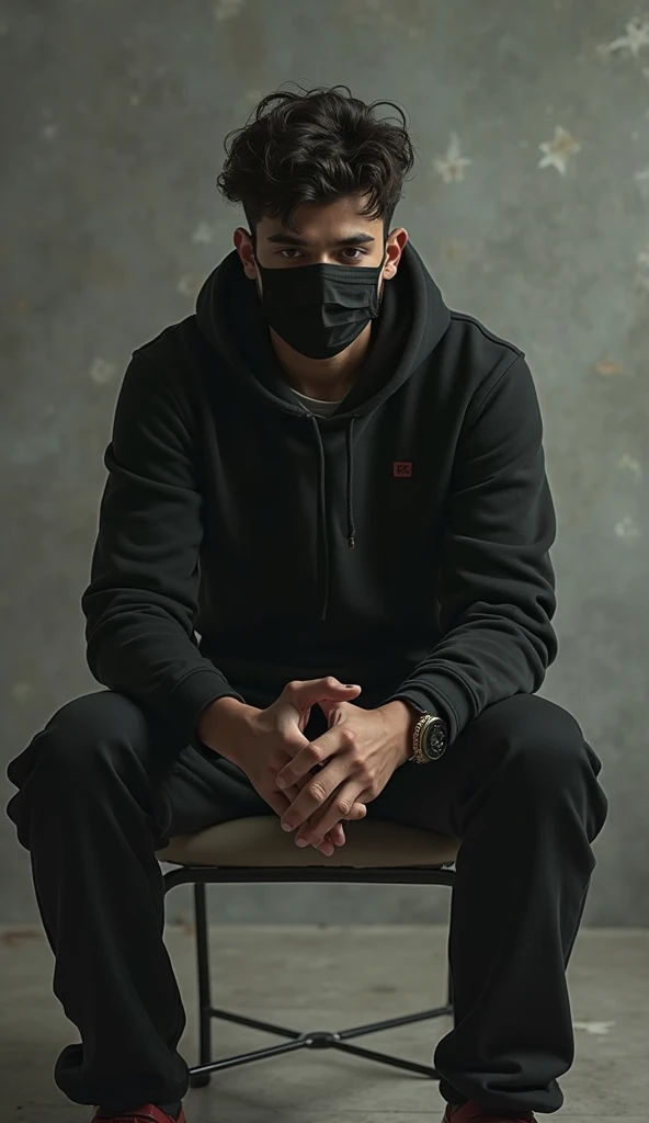 a man wearing a black hoodie and face mask,sitting in an office,facing the camera,realistic,photorealistic,4k,highres,masterpiece,ultra-detailed,professional,sharp focus,physically-based rendering,vivid colors,dramatic lighting