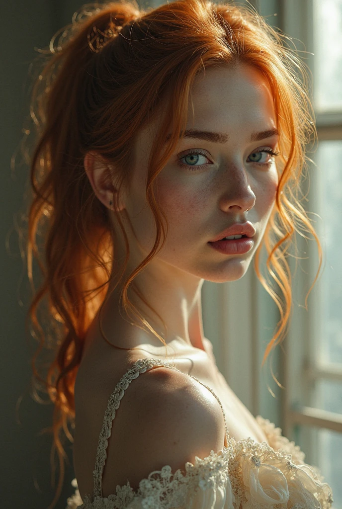 (UHD, retina, masterpiece, award-winning, accurate, anatomically correct, textured skin, super detail, high details, high quality, best quality, high res, 1080P, HD, 4K, 8k, 16k, 32k), ultra photorealistic, hyper realistic, (bright studio lighting), (beautiful detailed blue eyes, beautiful detailed lips, extremely detailed eyes and face), ((LARGE breasts:1.3)), (physically-based rendering), vivid colors, ((wearing a sexy white lace demi-cup bra)), cleavage, (portrait, shiny Reddish-brown hair, French braid, side wept bangs, shiny skin, blush), (bokeh), eye reflection, blurred background, ultra detailed skin texture, extreme details, dark tanned skin, freckles, soft lights, (perfecteyes),