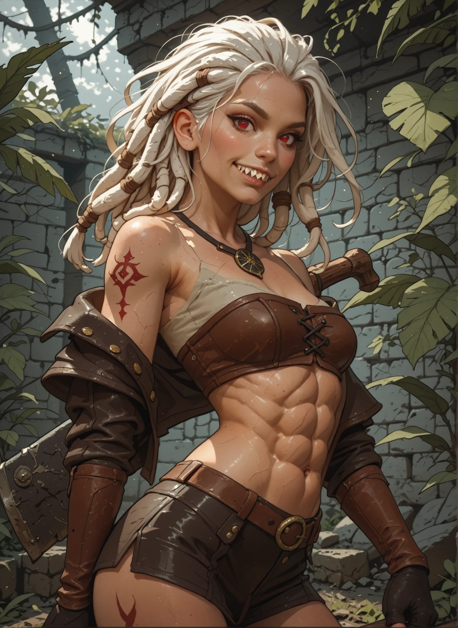 Slender body. White skin. Cute 18-year-old Asian girl with Asian red eyes and sharp teeth and dreadlocks with white highlights. She has a cute and beautiful face. She has a round and young face with a pointy chin. Her body is athletic with abs. She wears medieval an intricate medieval black leather clothing with buttons. Background: medieval jungle ruins. Realistic lighting. DnD art-style. Looking at the viewer.