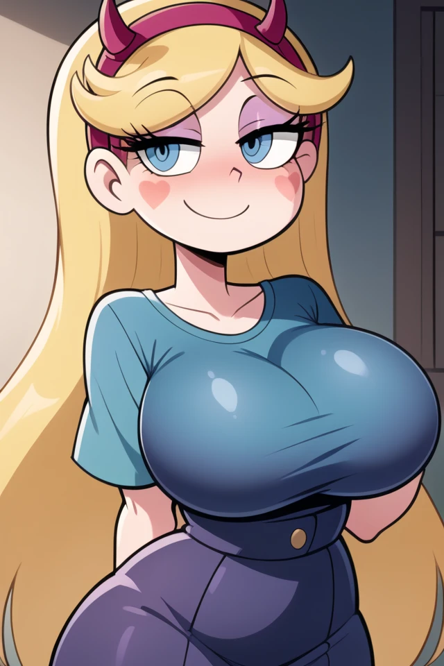 ((masterpiece, best quality)),solo,1girl, loriloud, lori loud, highres, blonde hair, detailed, dark eye, soft lighting, in bedroom, blue shirt, brown shorts, blushes, smile, huge breasts, wide hips