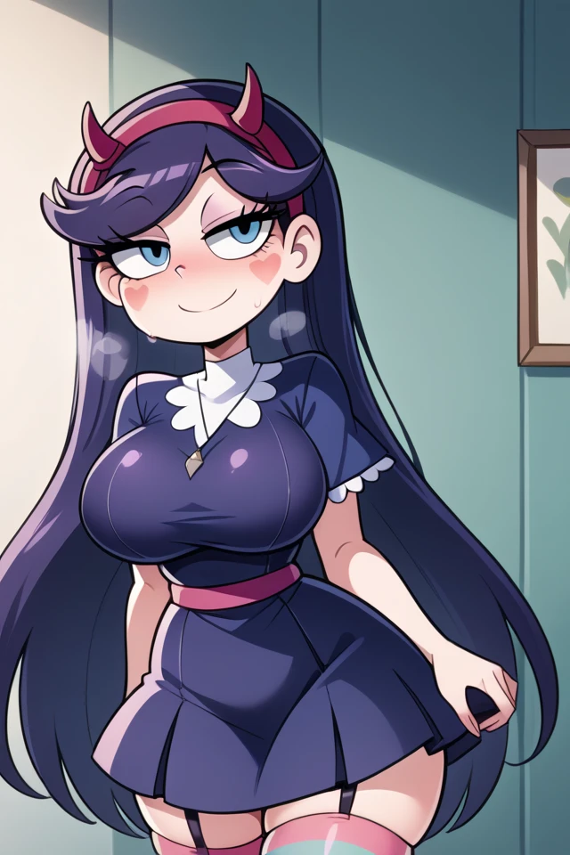 A sexy girl with big breasts, chubby, long wavy royal blue hair, purple eyes, round cheek, soft cheeks, smiling, dresses in Black Playboy and has a fishnet between her legs.