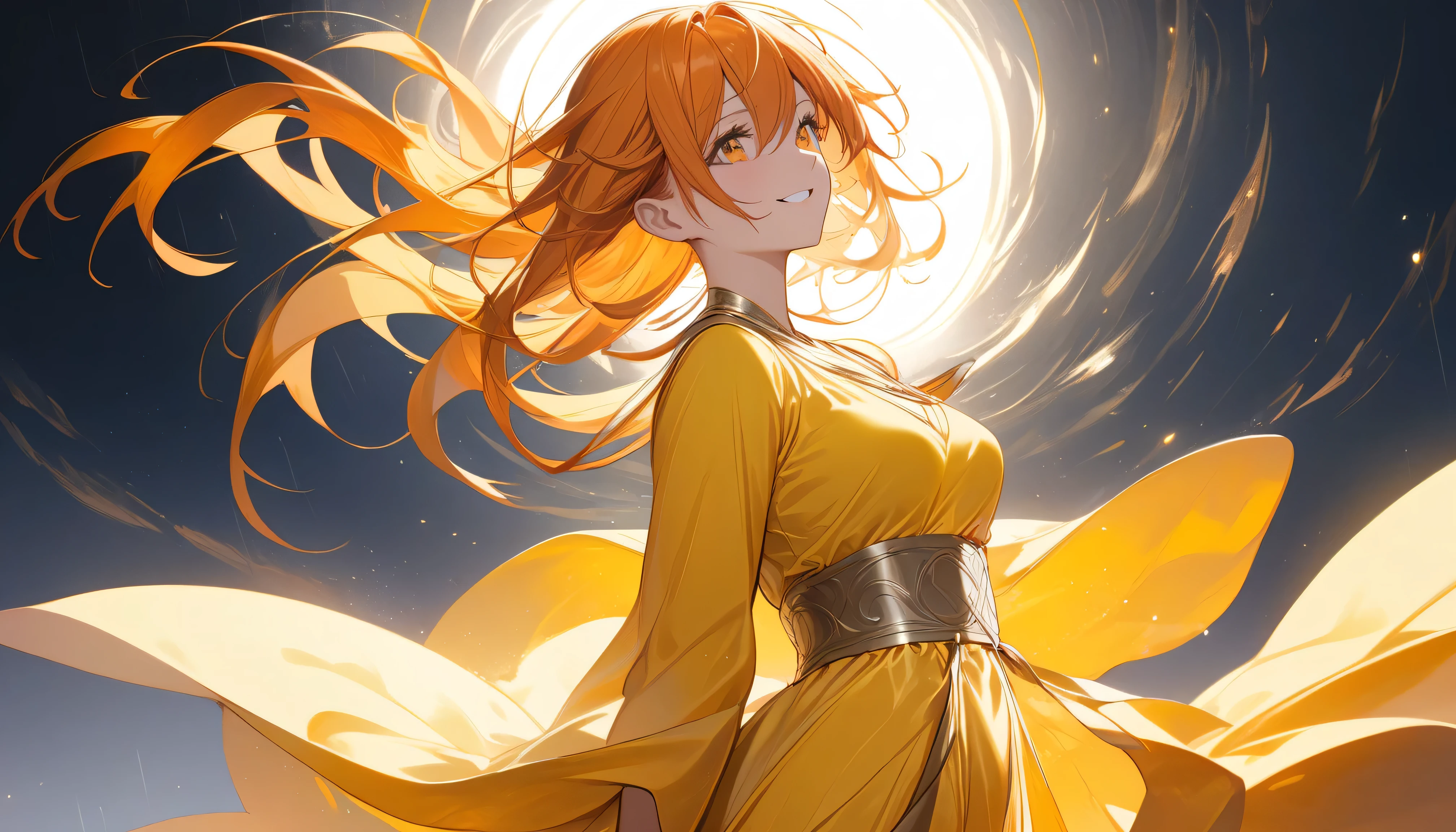 The background is a clear sky pointed by the sunshine after the rain comes up,A beautiful and pretty goddess wearing a long silky yellow dress,Sagittarius goddess ,空を見上げるprofile,mesmerized expression,profile,Her hair is orange short hair , looks at me with a sharp and challenging gaze 、has an overwhelming presence,There is a mysterious and solemn atmosphere throughout,masterpiece,Highest Quality,insanely detailed, ((Above the waist),(from the front ), (1 girl), (standing), (orange hair:1.2),((background is the main:1.2)),(( Smile:1.1)))