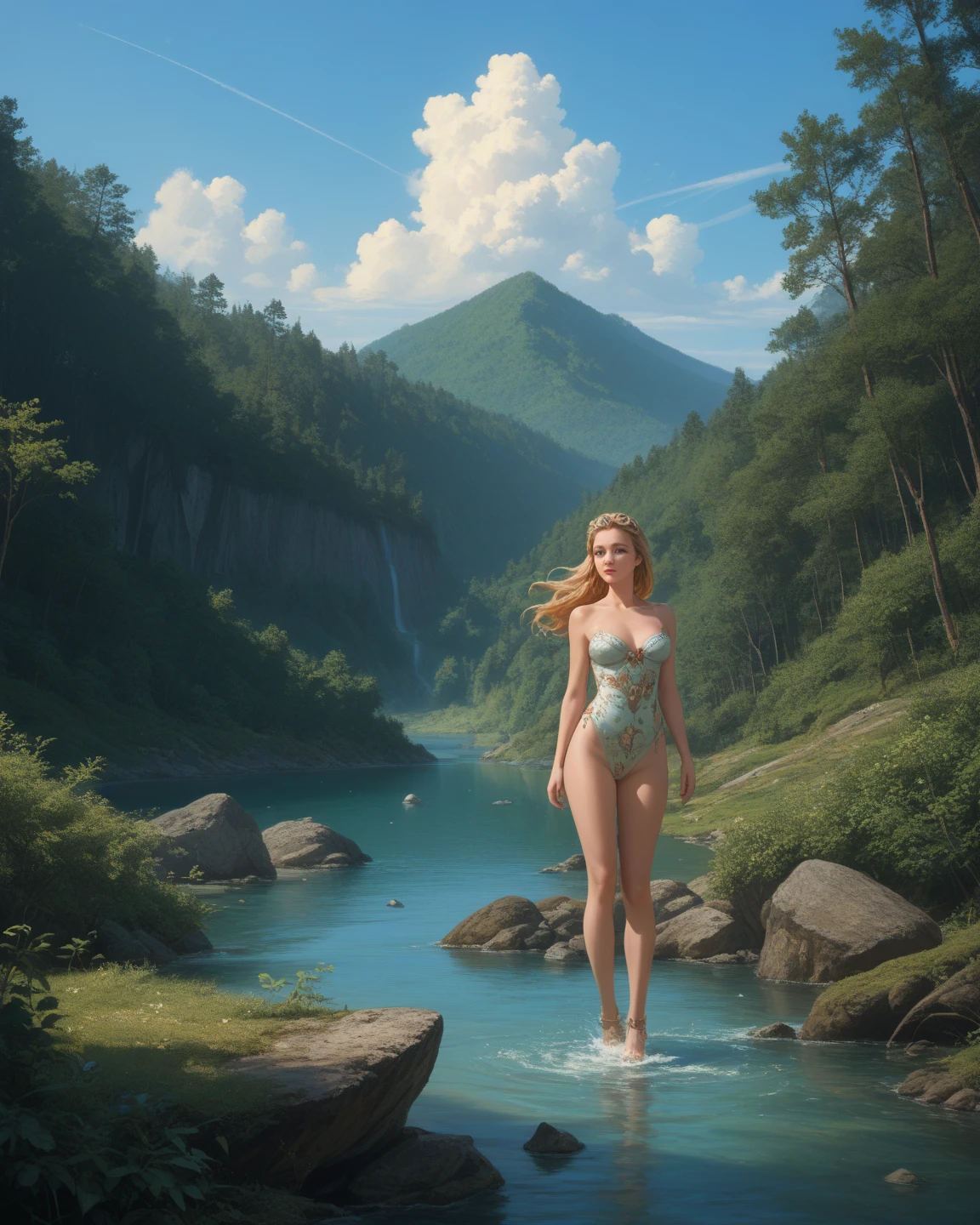 (there are a naked greek woman hawking and archery in river, naked, fullbody, deer, bow, archer, deer, bow, river white hair, hairy torso, fantasy, intricate, elegant, highly detailed, digital painting, artstation, concept art, smooth, sharp focus, illustration,
