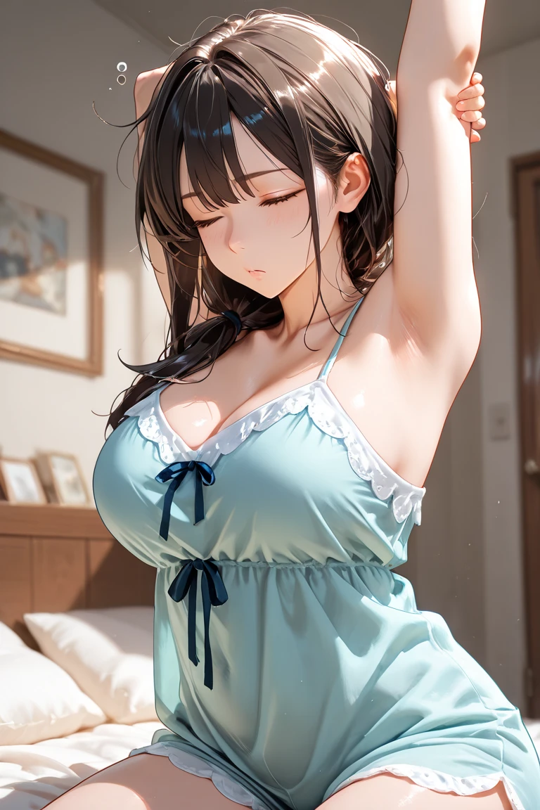 detailed illustration (side view),dynamic angle,ultra-detailed, illustration, pose for the camera, anime, clean line art, shading, woman, ghost, floating, translucent, in a bedroom, eretheal, 20’s something age girl, annoyed, white dress, detailed eyes, bedroom at night, blue glow, smiling, no sagging breasts, perky breasts