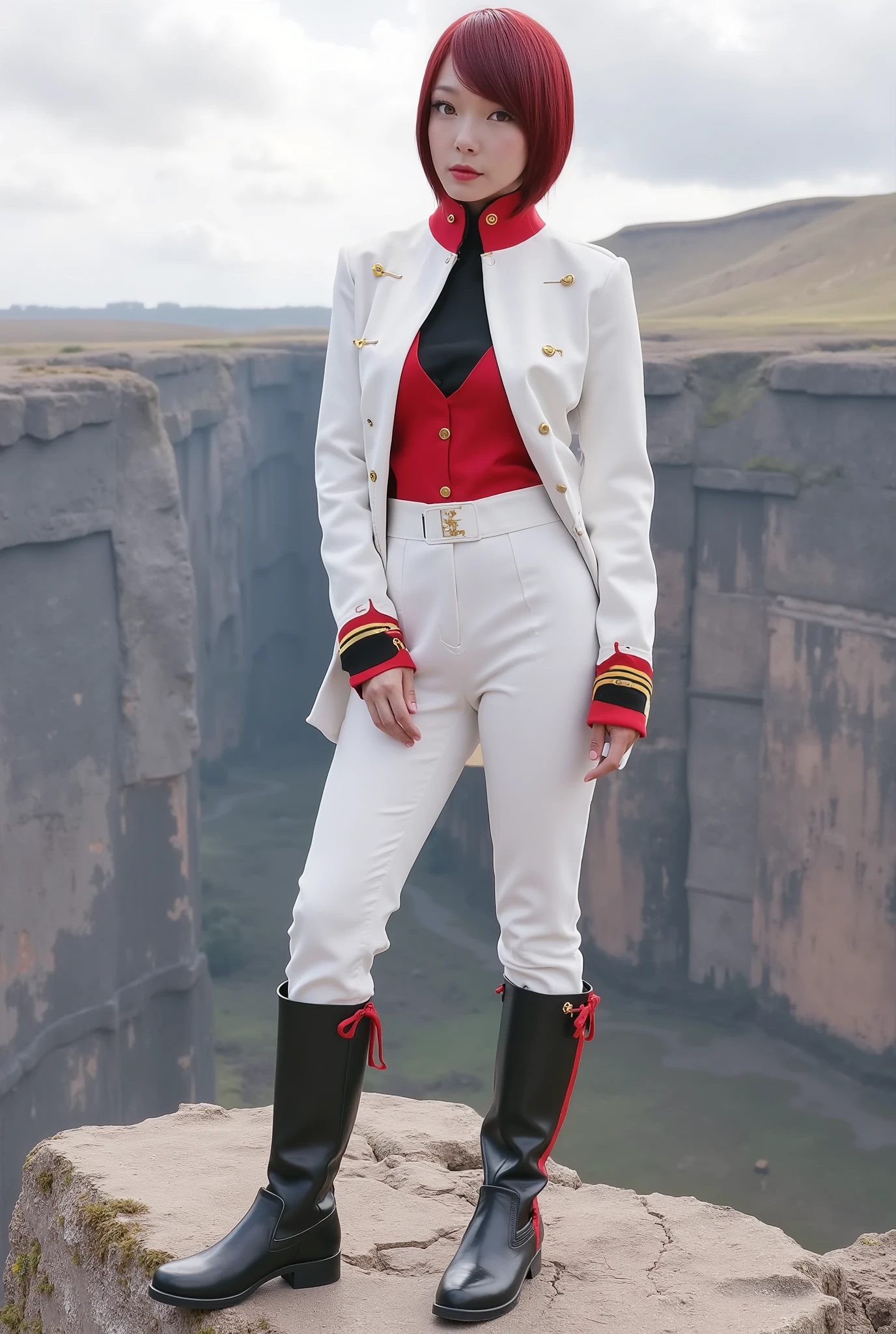 (highest resolution, unique_image) excellent, masterpiece, high detail, Semi-realistic, 《Dishonored 2》, A very beautiful woman, alone, Normal handsome posture, Short redhead , Golden Eyes, indifferent expression, 18 years old, Young, tall and strong , white and red military uniform, Pants, Military Pants, Military boots, military uniform, [Military Academy, Confident, Serious, Cold and proud, Standing on the cliff, Overlooking