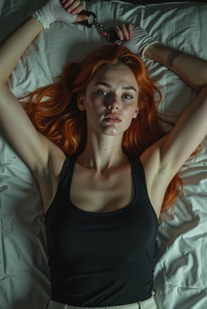 ((Best quality)), ((Meisterwerk)), (Detaillierte), photorealistic, realistic, 30 years old woman laying on a bed, small breasts, looking happily into the camera, ginger red hair, messy hair, cat ears, she is waring a tight cropped top, jacket, the jacket slightly slips from her shoulder, skirt, short skirt, over knee highs, small breasts, small cup size, photo shooting, bedroom, erotic atmosphere, sexy, both arms over her head, legs spread wide,