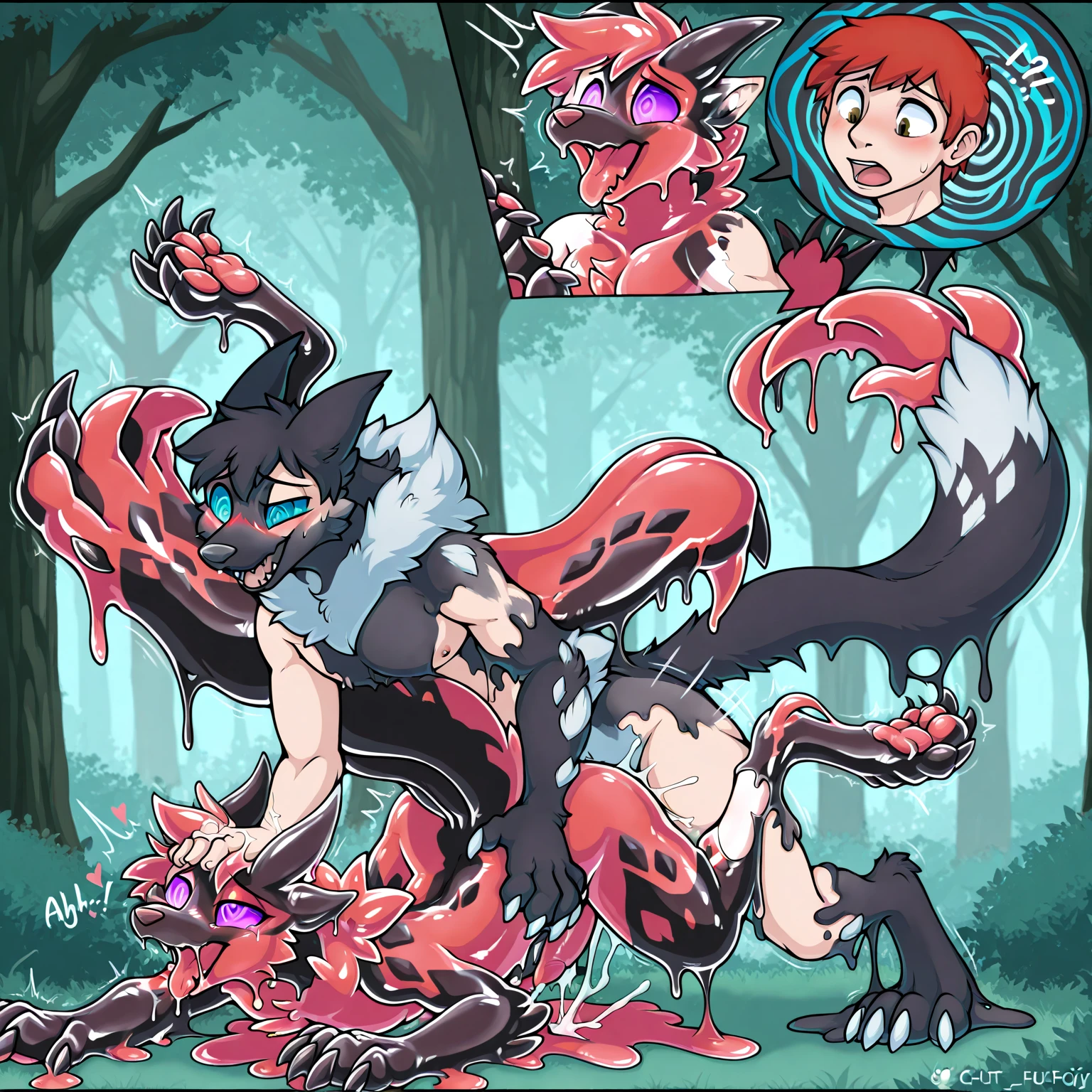 (feral flareon ), (male werewolf) score_9, score_8_up, dream prompt:score_9, beautiful, detailed cute face, blushing, shocked expression, reverse suspended congress, looking surprised, crying, forest, feet in view, foot shot, 3 toes, crying, cum, 3 toes, screaming, foot focus, huge feet, leaking vagina, gaping vagina, aftersex, ((closed eyes)), saliva, hyper feet, impregnation,, spreading legs, scrunching toes, penis, after sex,, licking cheek