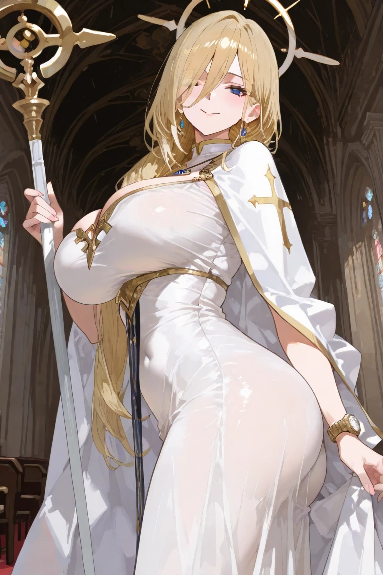 A blonde saint with a big bust and a cross, a symbol of motherhood, dressed entirely in white robes.