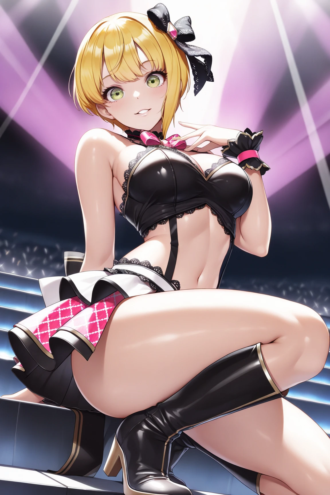 (masterpiece), (best quality), (high res) Solo, (perfect anatomy young girl (10 years old), tanned brown skin, light blonde hair (shoulder length), green eyes, (skin tight idol outfit), (blue high heels boots), (shirt), (super tight mini skirt), smiling, flat chest in a futuristic stage setting with a green light, cyberpunk, cyber suit, best anime 4k, cybersuits, singing to a big crowd of people, dog collar, pink lipstick, rabbit ears