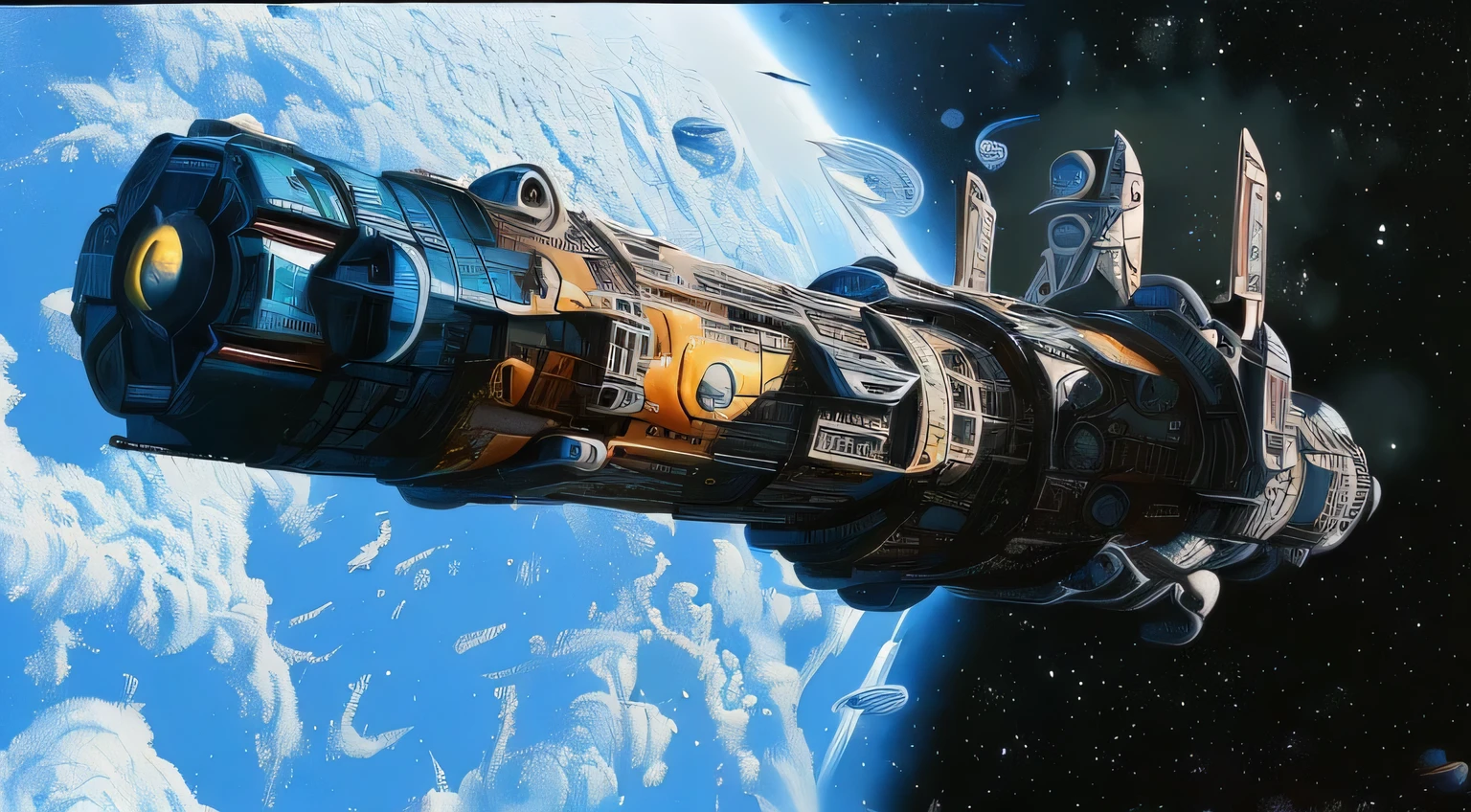 spaceship flying over a planet with a blue sky and a few small stars, an epic space ship scene, homeworld, cargo spaceships, space opera and dystopian style, scifi space station, big train in space, space sci - fi, borne space library artwork, orbiting space ships, painting of ornate space ship, detailed spaceship, homeworld style, beautiful sci fi art