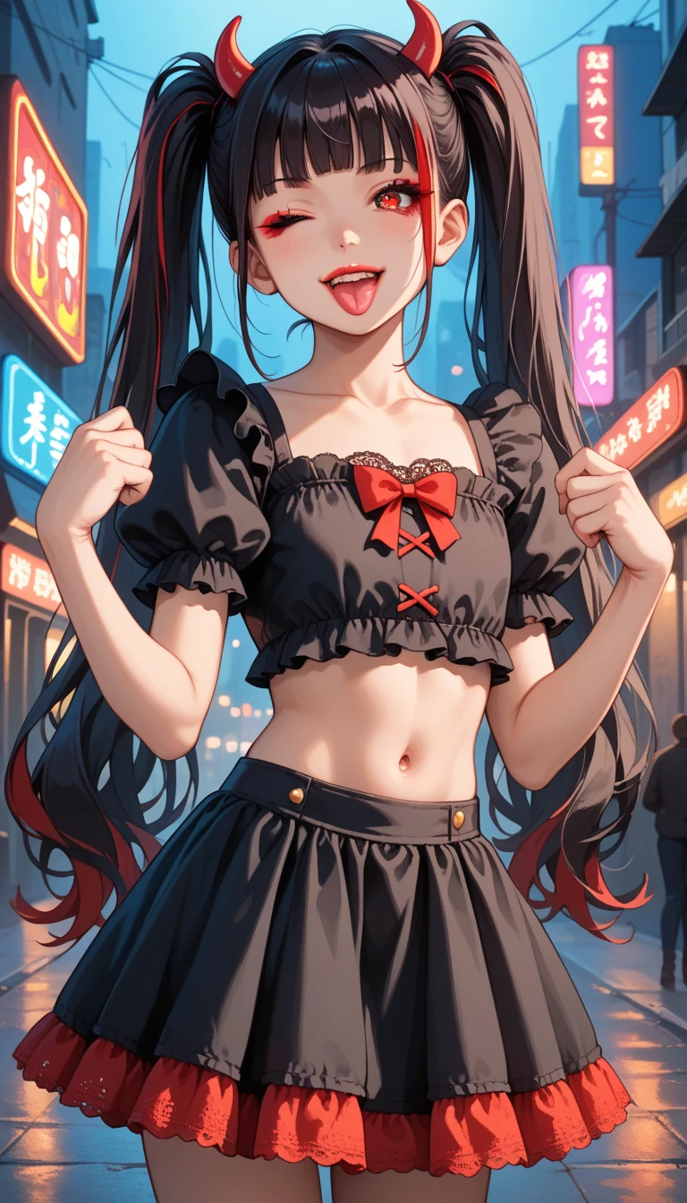 rear view,1girl, skirt, standing, medium breasts, hair bow, cowboy shot, crop top, outdoors, (panties:0.5), lowleg skirt, skindentation, smile, blunt bangs, red eyes,pink eyes, sleeveless, red hair, metropolitan, skyscraper, night, starry sky, from above, arms behind back, <lora:Micro-skirtV1.1Text Prun 1.3:0.7>