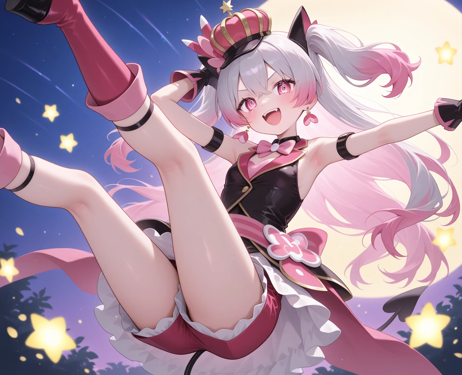 1girl:1.3), Masterpiece, Best quality, amazing beauty, [[3D]], 4K, absurdres, finely detail, super detailed eye, perfect anatomy, official art, cinematic lighting, BREAK, garden, silky drill hair, colored tips, gray hair, big eyes, glowing pink pupils, facing this way, gummy smile, fang, Excited, nose blush, wavy mouth, BREAK , huge breasts, slender, tanned skin, waving, full body, shoot from below, Bold composition, BREAK , (business suit:1.2), BREAK,
