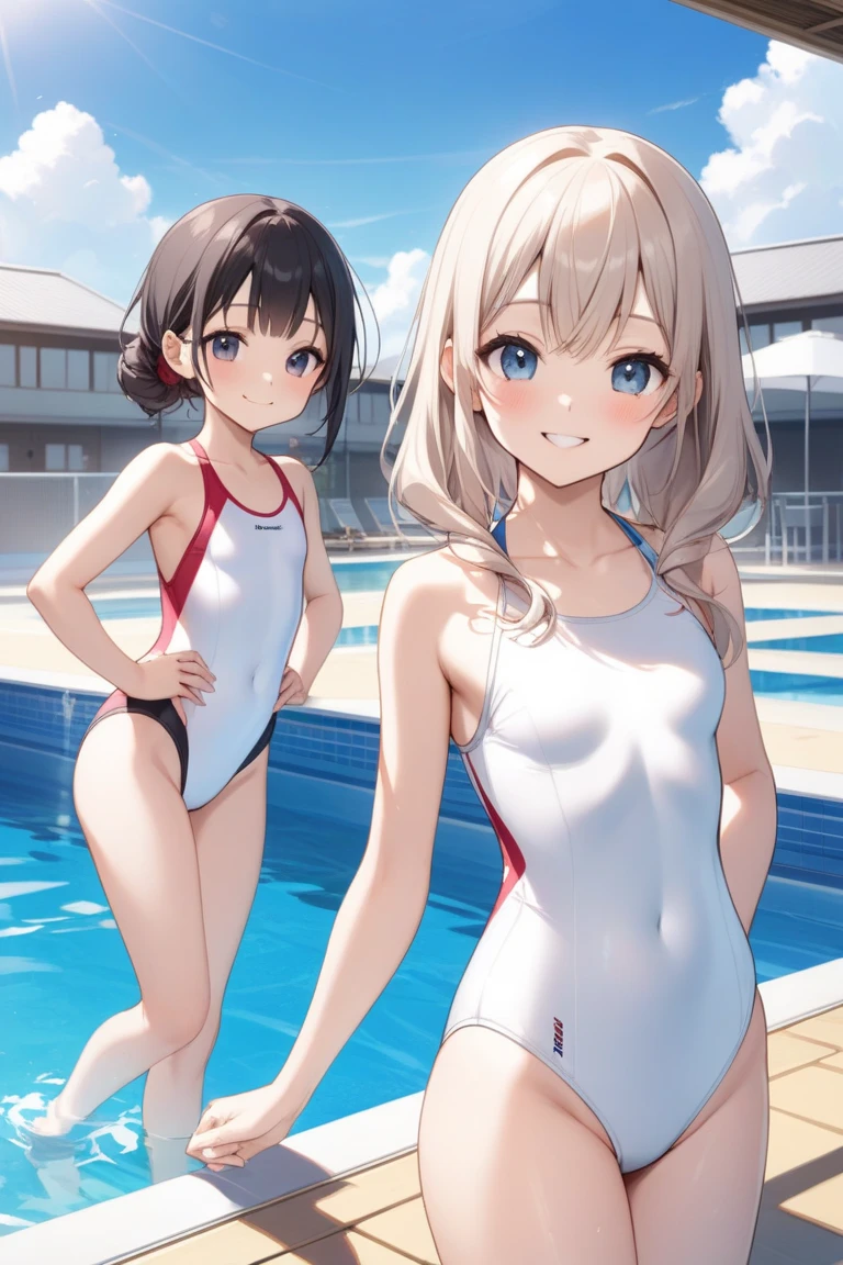 masterpiece、highest quality、High resolution、Two realistic girls、Competitive swimmer、Close-up of a person、Wearing a white bodysuit、During Competitive swimmerics competitions、smile、Swimming Venues、sexy competitive swimwear