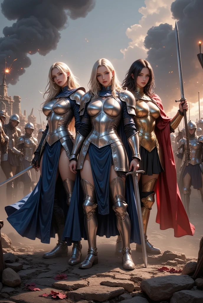 three sisters of different ages, french womens, detailed face perfect face, detailed face, sexy, lesbians, warriors roman, using sexy armor with cape full body background in versalles