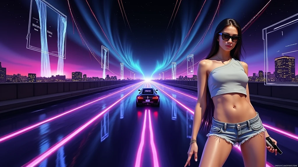 A sexy young slim woman wearing a black suit and dark glasses stood still, (holding a short gun), large-breast cleavage. The background is full of Sparkling, colorful electricity and colorful visual effects, flying cars. Realistic style and high definition Dynamic poses and stunning lighting.