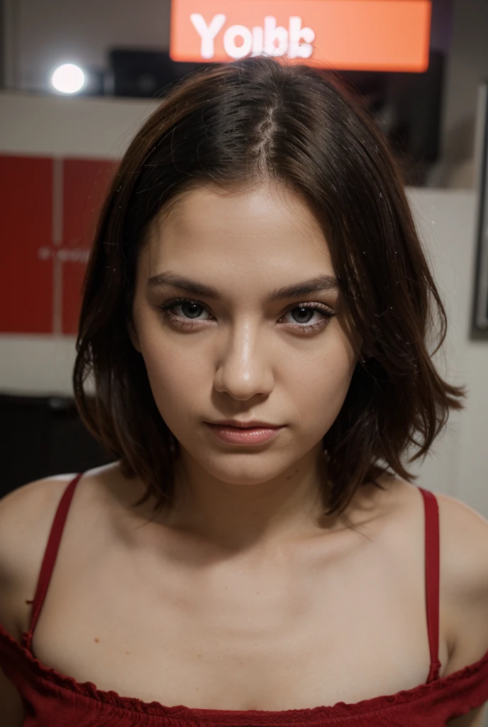 Brunette with green eyes in a red dress taking a selfie from below to Sima looking at her cell phone with a married and discouraged face without her cell phone messy hair 