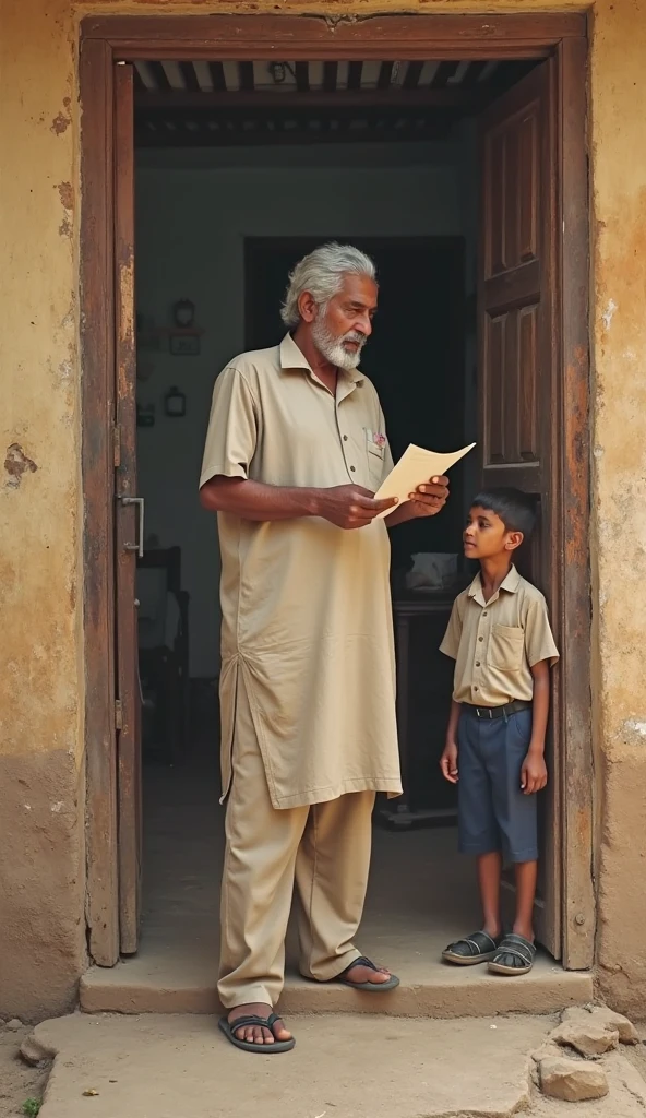 A 52 age man woodcutter in a checkered frame and an ax in a tamil nadu one village is standing is opposite a 43 age rich man Fat body with a bald head in a coat suit. Between the two, a young man came out with a pen and paper