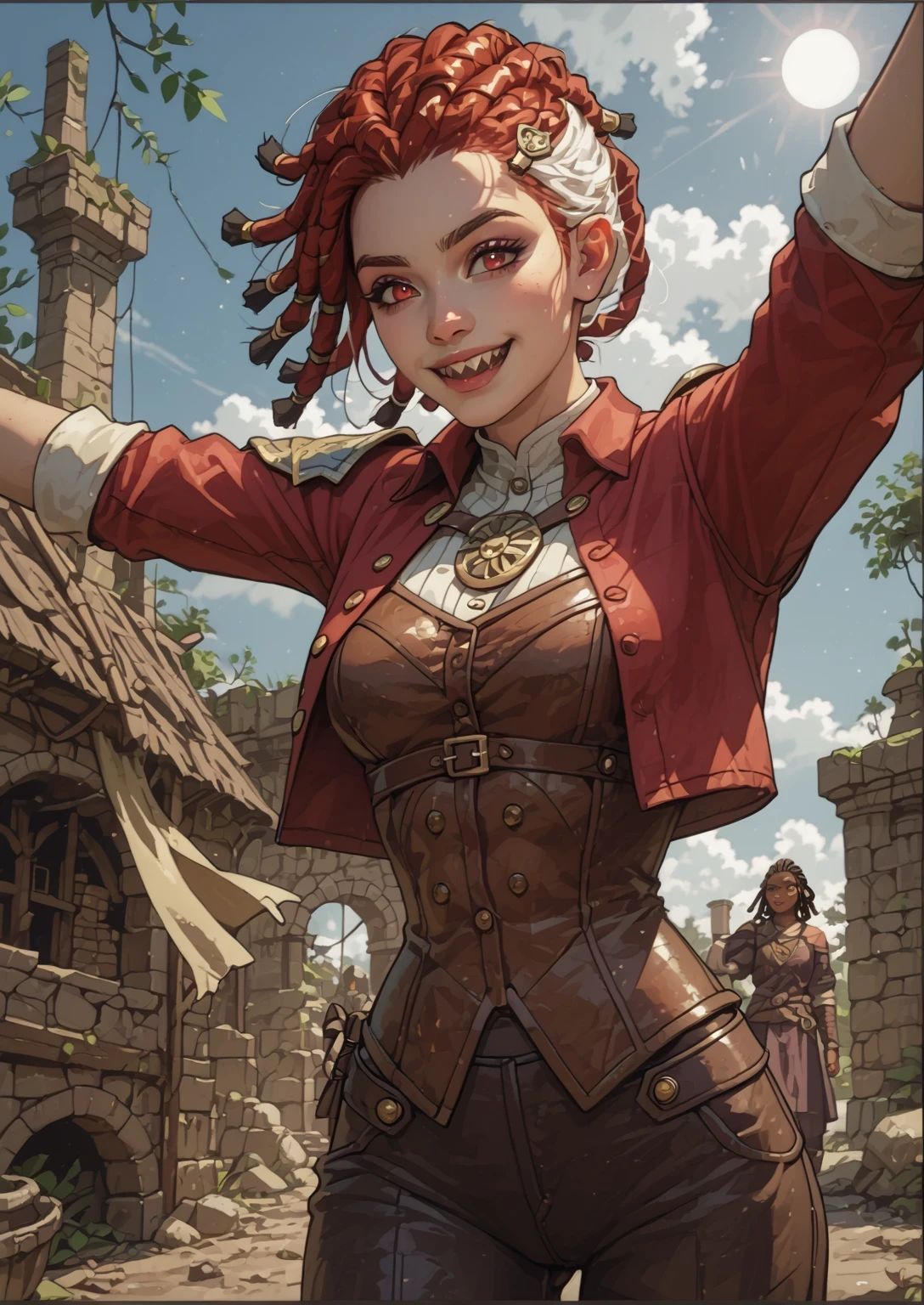 Slender body. White skin. Cute 18-year-old Asian girl with Asian red eyes and sharp teeth and dreadlocks with white highlights. She has a cute and beautiful face. She has a round and young face with a pointy chin. Her body is athletic with abs. She wears medieval an intricate medieval leather clothing with buttons. Background: medieval jungle ruins. Realistic lighting. DnD art-style. Looking at the viewer.