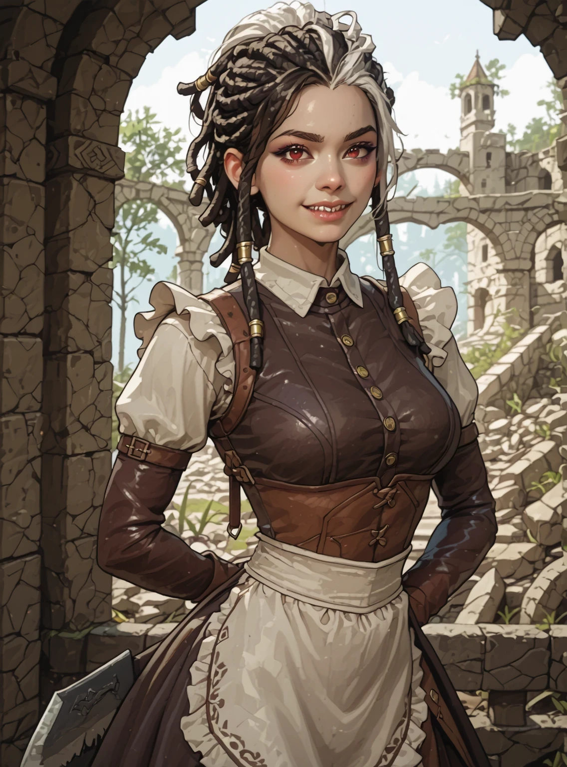 Slender body. White skin. Cute 18-year-old Asian girl with Asian red eyes and sharp teeth and dreadlocks with white highlights. She has a cute and beautiful face. She has a round and young face with a pointy chin. Her body is athletic with abs. She wears medieval an intricate medieval leather clothing with buttons. Background: medieval jungle ruins. Realistic lighting. DnD art-style. Looking at the viewer.