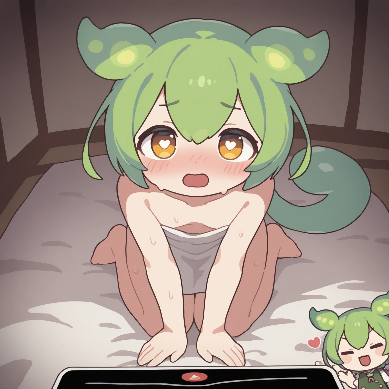 A ((short goblin)) girl, skinny, (extremely stuffed belly), (very drunk, tounge out) , losing control of her body, ripped revealing clothes, bloated upper stomach, ) (), (, (on all fours) (a woman is jamming a hose up her butt from behind) (perky breasts)female path_goblin