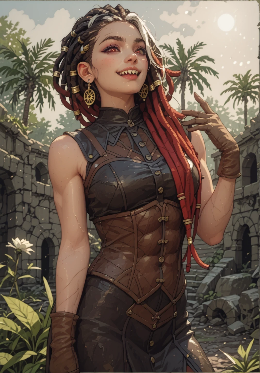 Slender body. White skin. Cute 18-year-old Asian girl with Asian red eyes and sharp teeth and dreadlocks with white highlights. She has a cute and beautiful face. She has a round and young face with a pointy chin. Her body is athletic with abs. She wears medieval an intricate medieval leather clothing with buttons. Background: medieval jungle ruins. Realistic lighting. DnD art-style. Looking at the viewer.