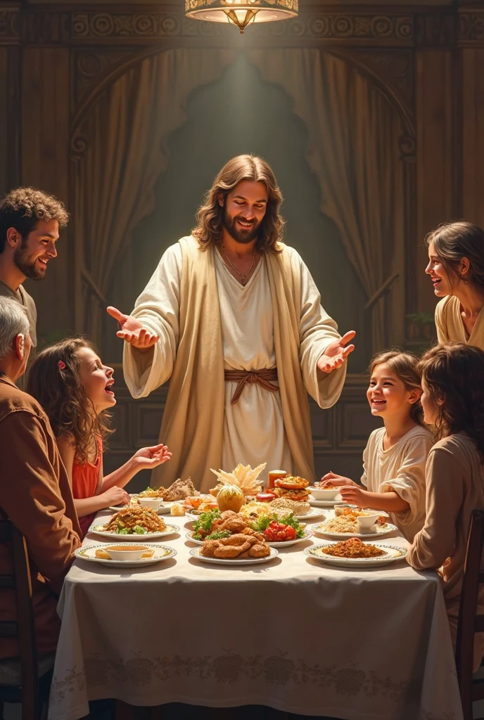 Enoch surrounded by his family in a welcoming environment, Transmitting love and unity. They are gathered around a simple table, sharing a meal and laughter, with warm and bright colors.