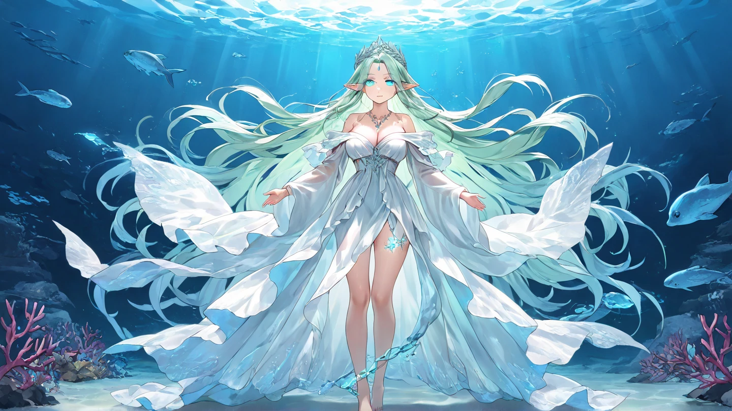 The Nurturer, a gentle soul with a deep connection to the oceans and its creatures. With the power of Aquascend, she can control the tides and summon aquatic allies.
Prompt: Underwater scene, (goddess-like), (Aqua Aurelia), (long hair flowing like seaweed), (glowing aqua blue eyes), (pale blue dress, flowing like seaweed), (seaweed crown), (fishing net, fabric, and kelp-like vines), (calm water), (school of fish), (octopus or other sea creature friends), (sunlight filtered through water), (soft focus), (dreamy), (atmospheric), (ethereal), (high contrast), (3000 pixels, HD), (100% focus on the character, low- noise), (fog, mist, or haze added to emphasize sense of depth)
