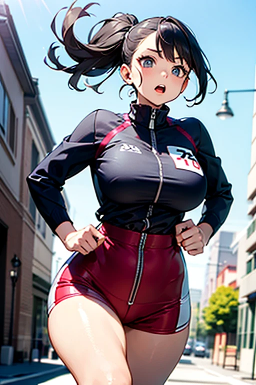 anatomically correct, best quality, masterpiece, high quality, high details, highres, HD, (shaded face:1.2), hollow eyes, blue eyes, looking at viewer, heavy breathing, smirk, upper teeth, blac hair, hair bun, huge breasts, sweating, wet, pink bodysuit,shrug \(clothing\),long sleeves, a woman standing in the rain on a city street, an anime drawing, inspired by Krenz Cushart, with long hair and piercing eyes, rendered in 4 k, sao