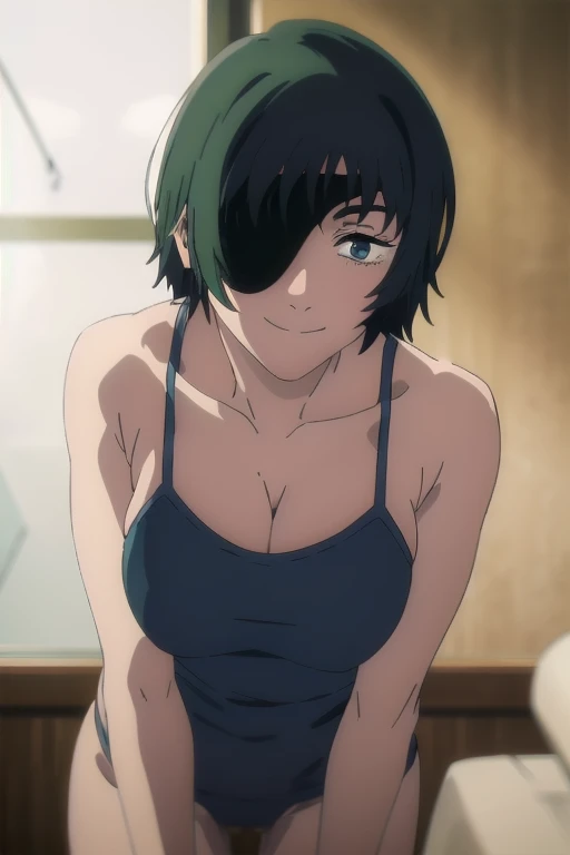 (beste-Qualit, 8K, 12), 1 girl, tatsumaki, Short Hair Hair, green hair, Huge naked breasts with nipples, child, the perfect body, ultra detail face, detailed lips, Slender Eyes, gown, stands, enticing, Excited, convex areolas, steam, From Bottom
