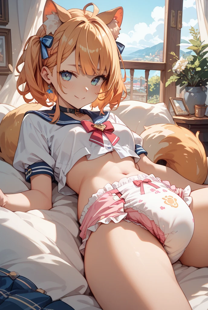 highest quality、High resolution、detailed background、cute hairstyle、cute ponytail、sexual uniform、sexy sailor suit、pleated mini skirt、on the bed、pantiesショット、stripe々panties、((emphasize the underboob、I see a modest expression、camel toe、not wearing underwear、((He glares at me as he takes off his clothes..、take off one's clothes in disgust))、well tanned、Sunburn marks on a tanned swimsuit、The gesture of being concerned about sunburn marks on swimsuits
