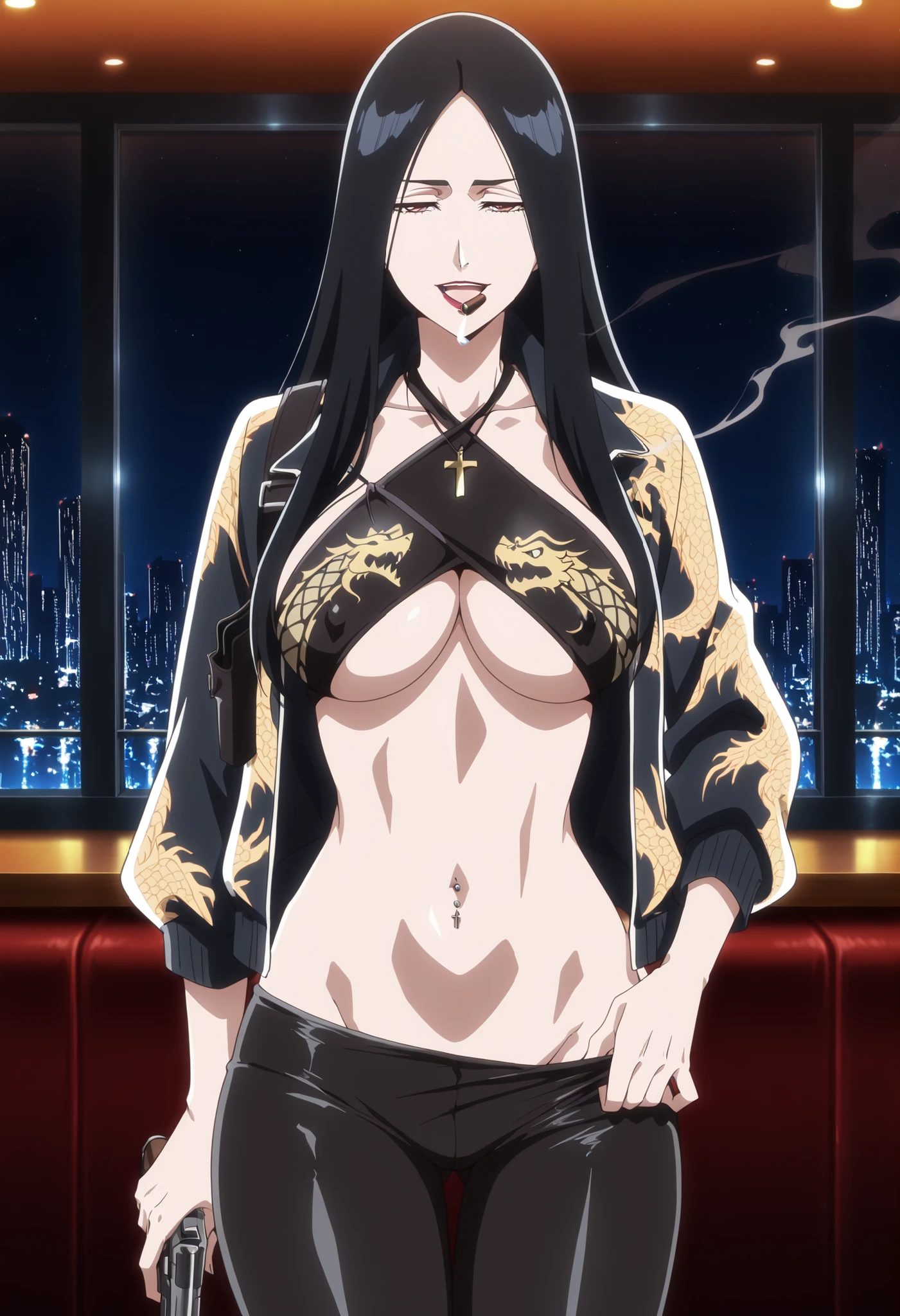 anime coloring, anime screenshot, masterpiece, best quality, amazing quality, detailed face, perfect fingers,
retsu_Unohana, 1 girl, ear piercing, long hair, , lipstick, Hot girl, baddie, smoking, sensual, attractive, cross necklace, pull_down leggings,(show
off panties,:1.2, no panties),seductive smile,, BREAK, 1girl, , sexy girl, , (fit body:1.1),(abs:0.8),
BREAK, dragon print black leggings, covered nipples,, shoulder holster,,open mouth, bikini top,
underboob,,, dragon print jacket, criss-cross halter ,bar background, inside bar,indoors,
cityscape, casino, nightclub, city lights,, (nsfw) not safe for work,, navel piercing , holding
pistol,medium large breast ,looking at viewer , dragon tattoo on waist, narrowed eyes, tattoo on
waist, anipai_style , anime screencap , anime coloring, v-shape eyebrows,