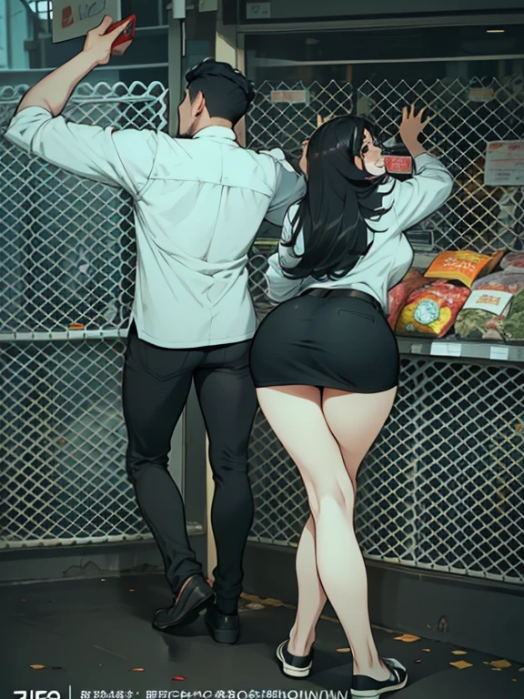 Best quality, two people, one man and one woman, woman facing away from man as he holds her from behind, woman voluptuous with big hips and muscular thighs and a giant ass, she wearing a sexy dress, man muscular, he's grabbing and groping her big juicy ass
