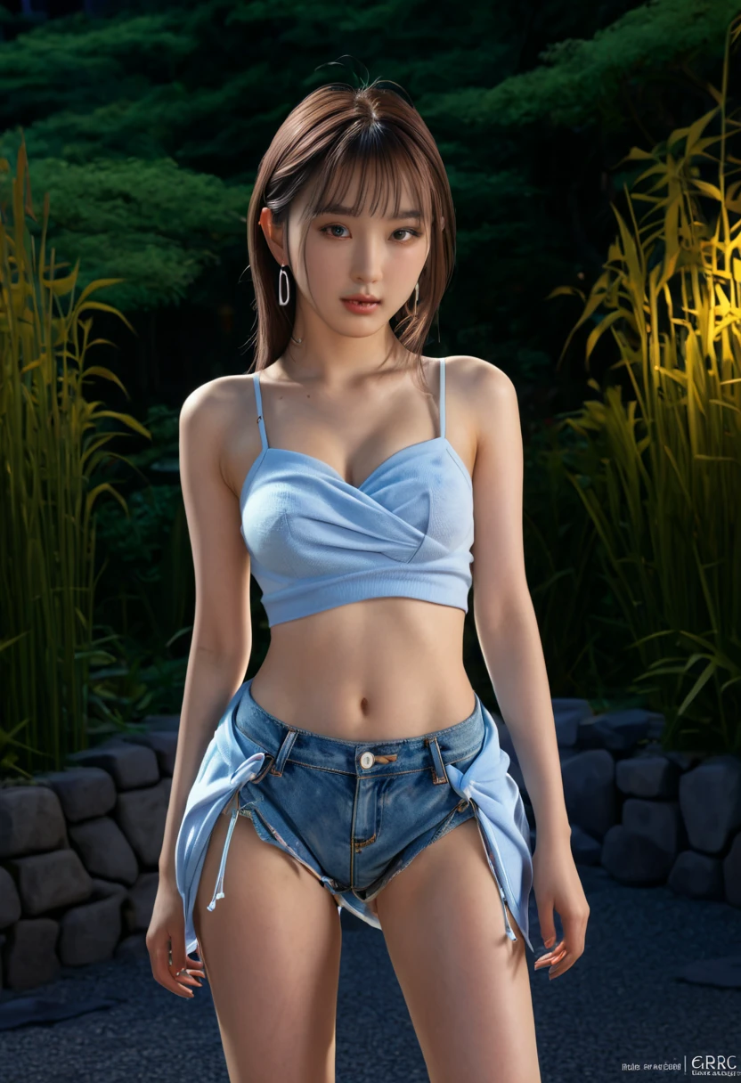 ​masterpiece, hightquality, realisitic, (Photorealsitic, Raw photography, foco nítido: 1.4), extremely detailed, A detailed face, 细致背景, Cute 16 year old Japan woman, Two half-naked high school girls、A smile、Night Pool、poneyTail、Opening legs