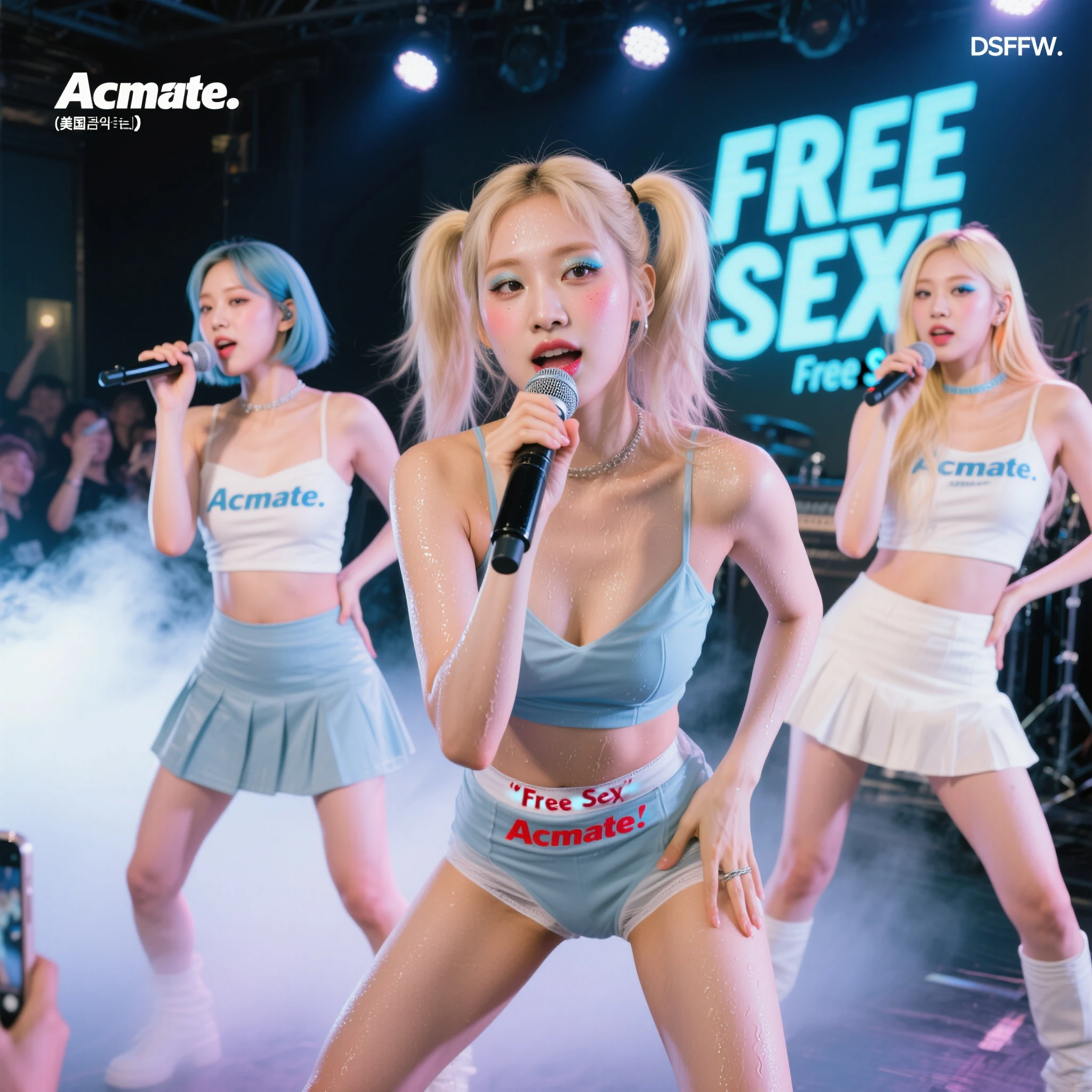 (ExtremelyDetailed((CYBERJAPAN DANCERS))) BigBoob, Radiant FineSkin with Transparency, {(Shouting)|Flashing} ((beltbra)) and Skinny Shorts (ExtremelyDetailed((Cute and Coquettish Faces))) PerfectLighting, Oodles Blurred ColorfulLights at Dusk City, Starry Particles,