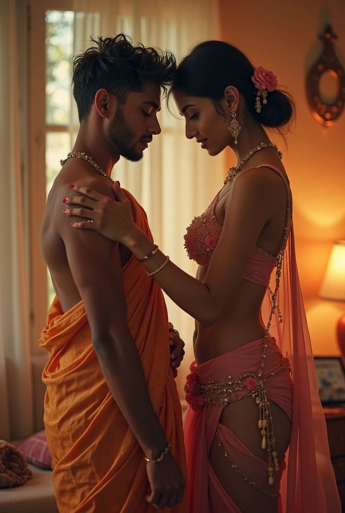 a man with Hindu attire and a woman in Islamic dress sitting closely on a bed. The man is affectionately kissing the woman's head. This blend of Hindu and Islamic elements suggests a harmonious relationship between different cultures or religions.