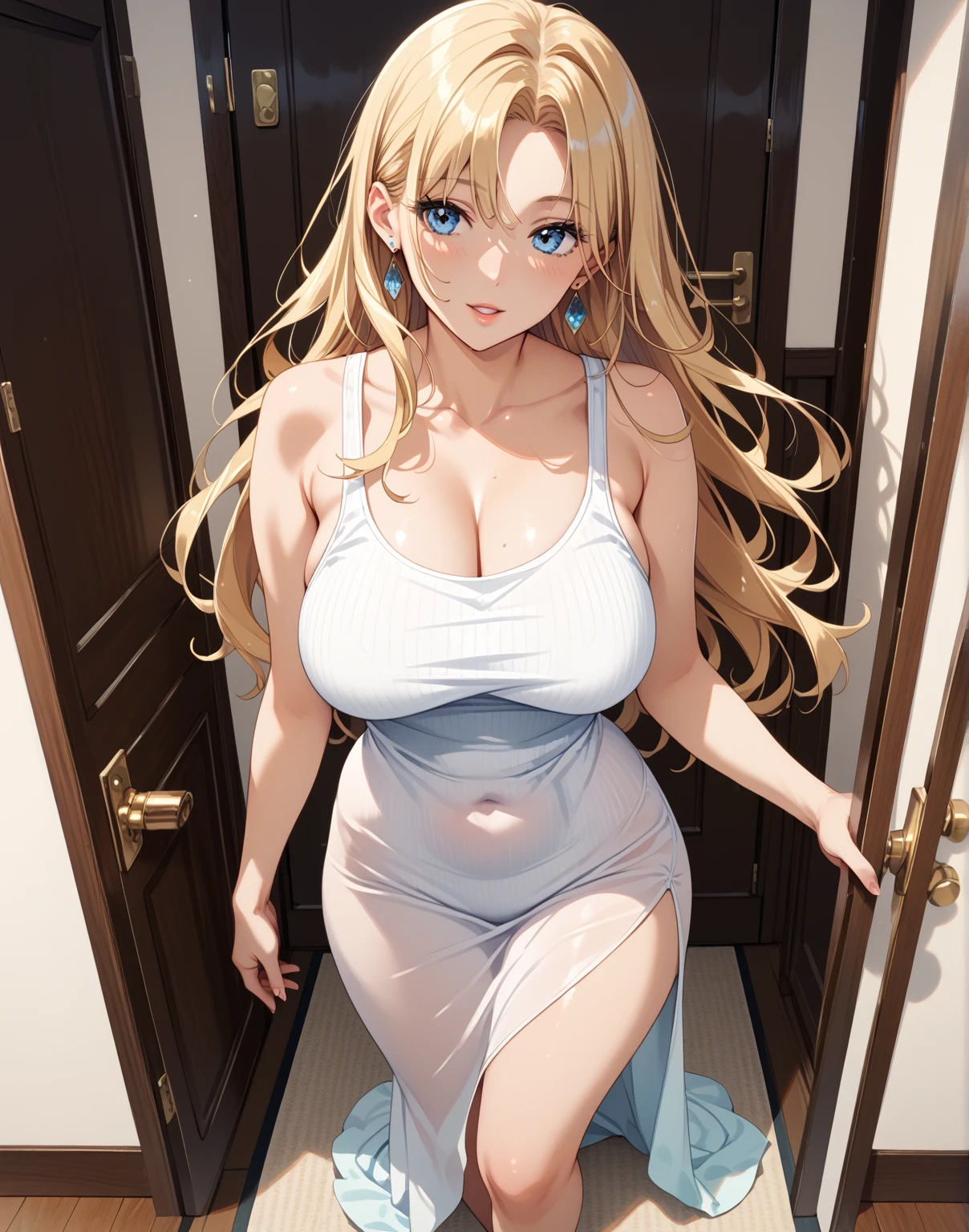 (A hyper-realistic), (illustratio), (hight resolution), (8K), (ighly detailed), (The best illustrations), (beautifully detailed eyes), (top-quality), (ultra-detailliert), (​masterpiece), (wall-paper), (详细的脸), 独奏, 1 girl in, looking at the viewers, finely detail, A detailed face, murky, pureerosfaceace_v1, A smile, A half body, Long legs in transparent invisible underwear, big breasts thin waist, s ass, Ultra-thin makeup, invisible clothes, Legs apart、sexy dress、Scandinavian face、a blond、Blue eyes、Beautiful face、Teenage girl、Expressive、Satin luster 、full body Esbian、Genital bite、 stand up、Beige underwear、The sheen、Sheer skin、Nipple protrusions、The breasts are only、Golden Cheongsam、kawaii、Beautiful dress、golden colored