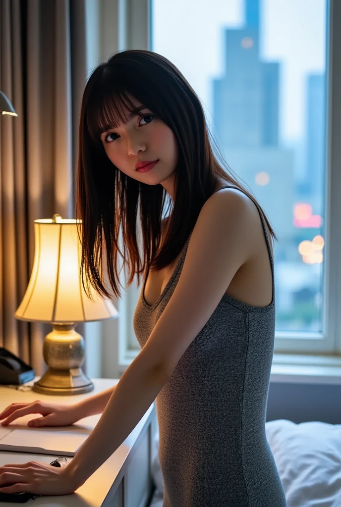 ((of the highest quality, 8K, masutepiece: 1.3, Raw photo)), Sharp Focus: 1.2, (1 AESPA Girl :1.1), Solo, (Realistic, Photorealistic: 1.37), (Face Focus: 1.1), Cute face, hyperdetailed face, (short messy hair: 1.2), Small Smile, Small breasts, flat chest, full nude, squatting, (taking off her chiffon button down black shirt: 1.2), Thigh, looking away, bustling cityscape, towering skyscrapers, starry sky