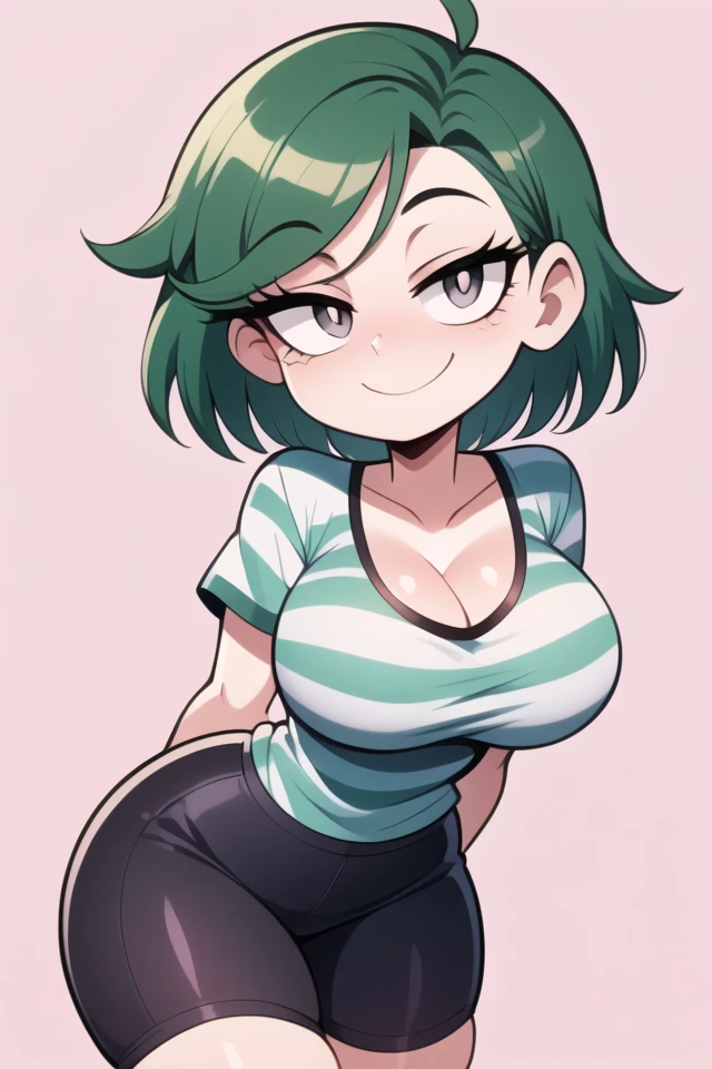 * a female light purple hair and Eye Color Light Blue with Dark Blue Pupils and I was wearing a green croptop and blue shorts and his height is now a womping 154.4cm with big breast*