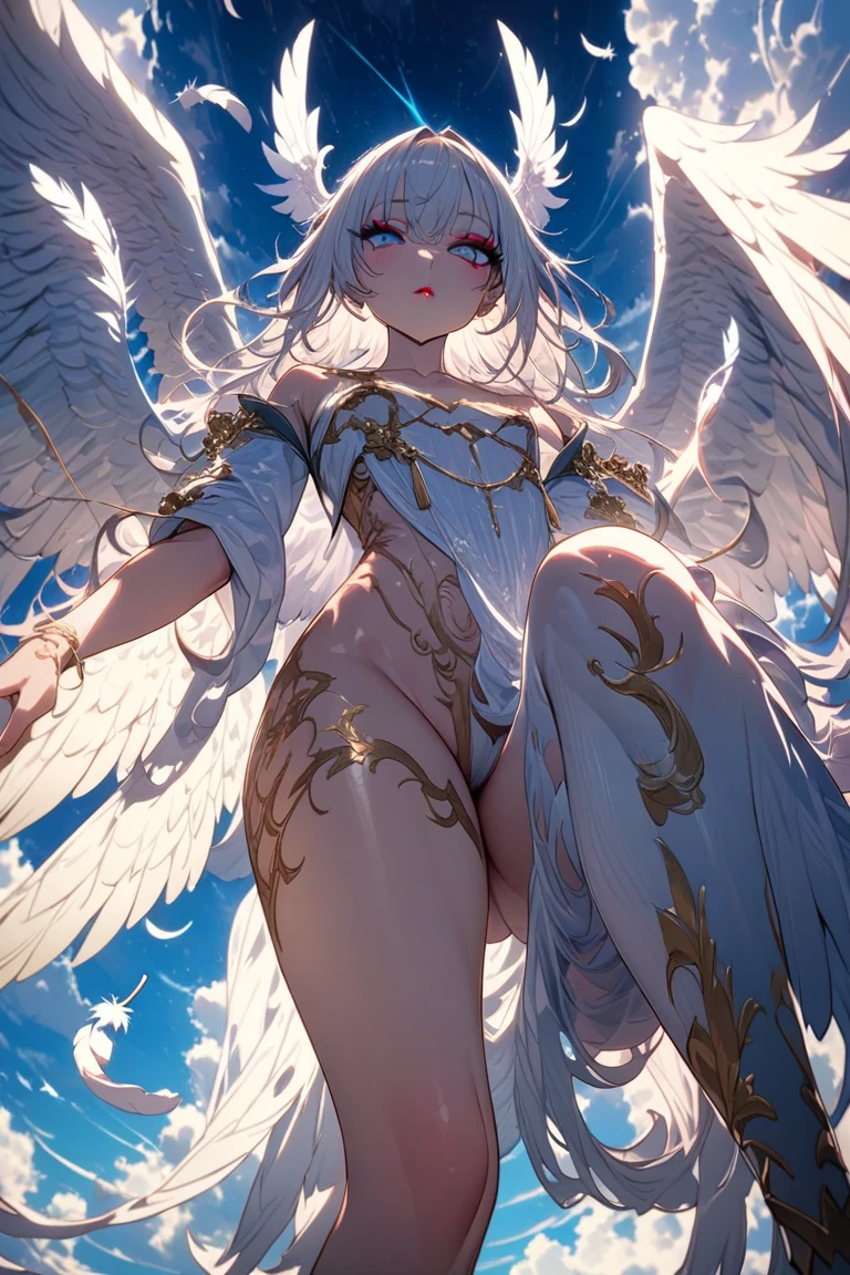 ((Highest quality)),(Ultra-high resolution),(Very detailed),(Detailed Description),((The best CG)),(A masterpiece),Ultra-detailed art,Amazing painting art,(Works with precise details:1.5), (1 female:1.6),(Beautiful and well-proportioned face:1.5),(Intricately detailed sexy lace dress:2.0),Fine jewellery with exquisite detailing:1.5,Waist Accessories:1.5,Look at me and smile:1.5, (See-through nipples), Angel Girl, (((Magnificent white angel wings on his back:1.2))), Mature Woman,Descended into the church,(Pastel colored hair:1.3),(Red and black long high heel boots:1.4), (garter belt), (stockings)、 (Floating in the sky with magical powers:1.2),(Floating skirt:1.5), (Embarrassed expression, blush:1.2),(bracelet), (Sparkling Eyes)、(full body)、(multiple views)