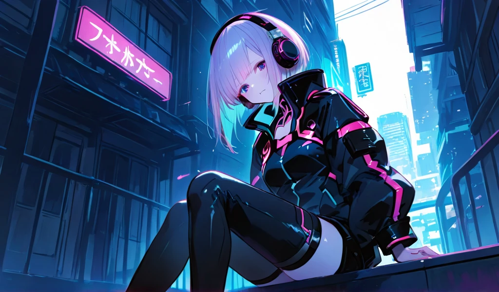 highest quality、masterpiece、night、Headphones、cyber punk、Cyber City、One Girl、Sitting on high ground、Mid Shot、High Position